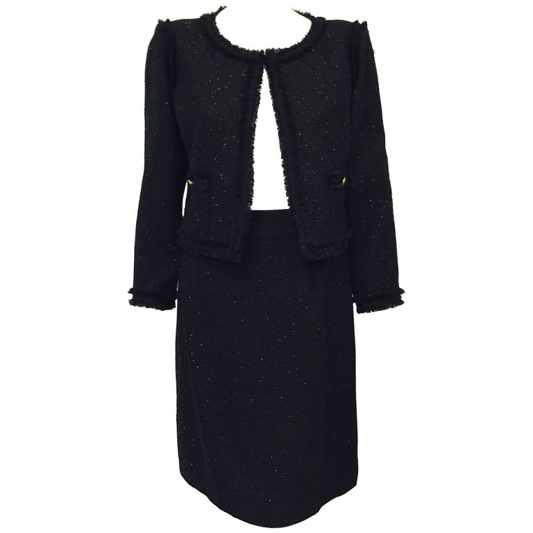 Chanel Black Wool Blend Waffle Weave Skirt Suit With Metallic Bead ...