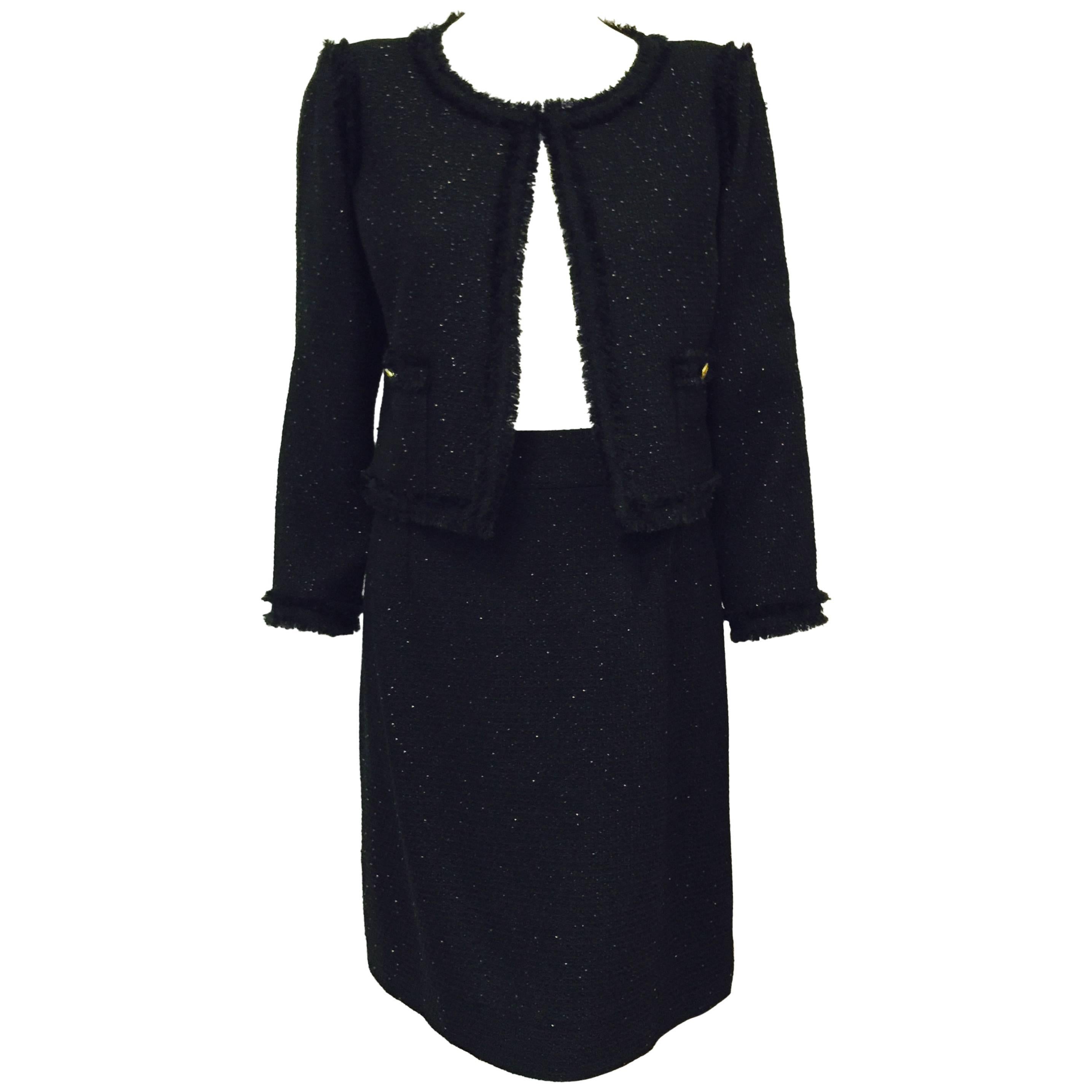 Chanel Black Wool Blend Waffle Weave Skirt Suit With Metallic Bead Embroidery For Sale