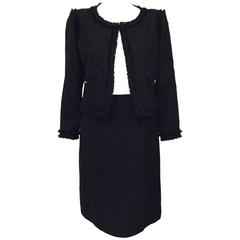 Chanel Black Wool Blend Waffle Weave Skirt Suit With Metallic Bead Embroidery
