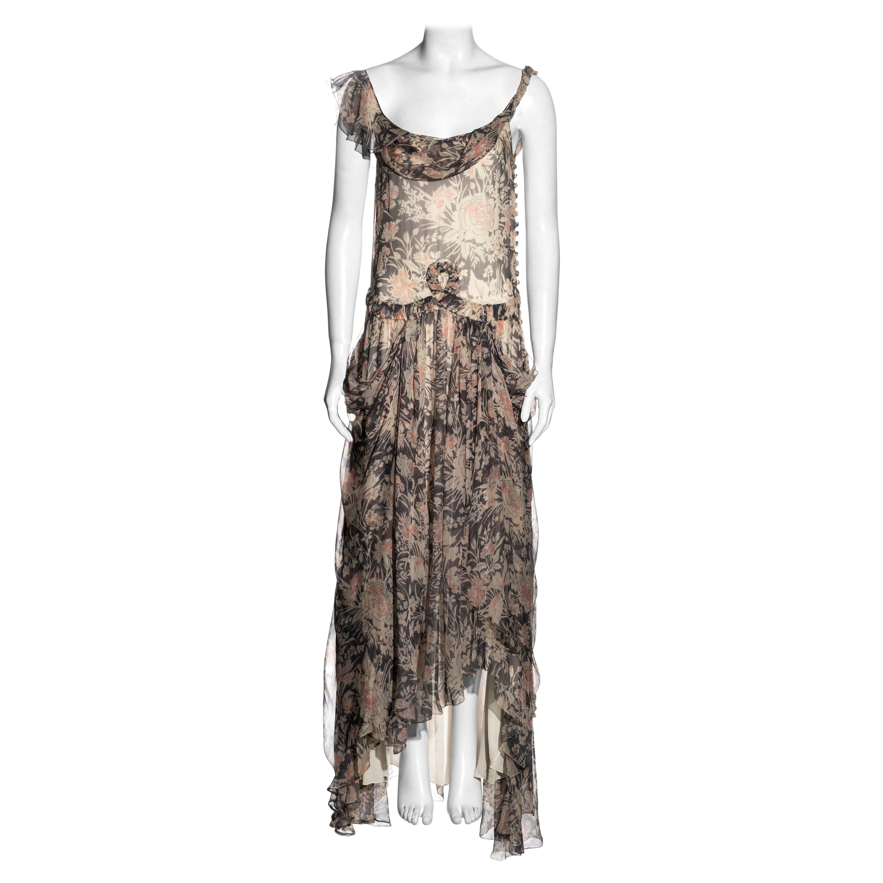 John Galliano floral print silk chiffon drop-waist floor-length dress, fw 2008
