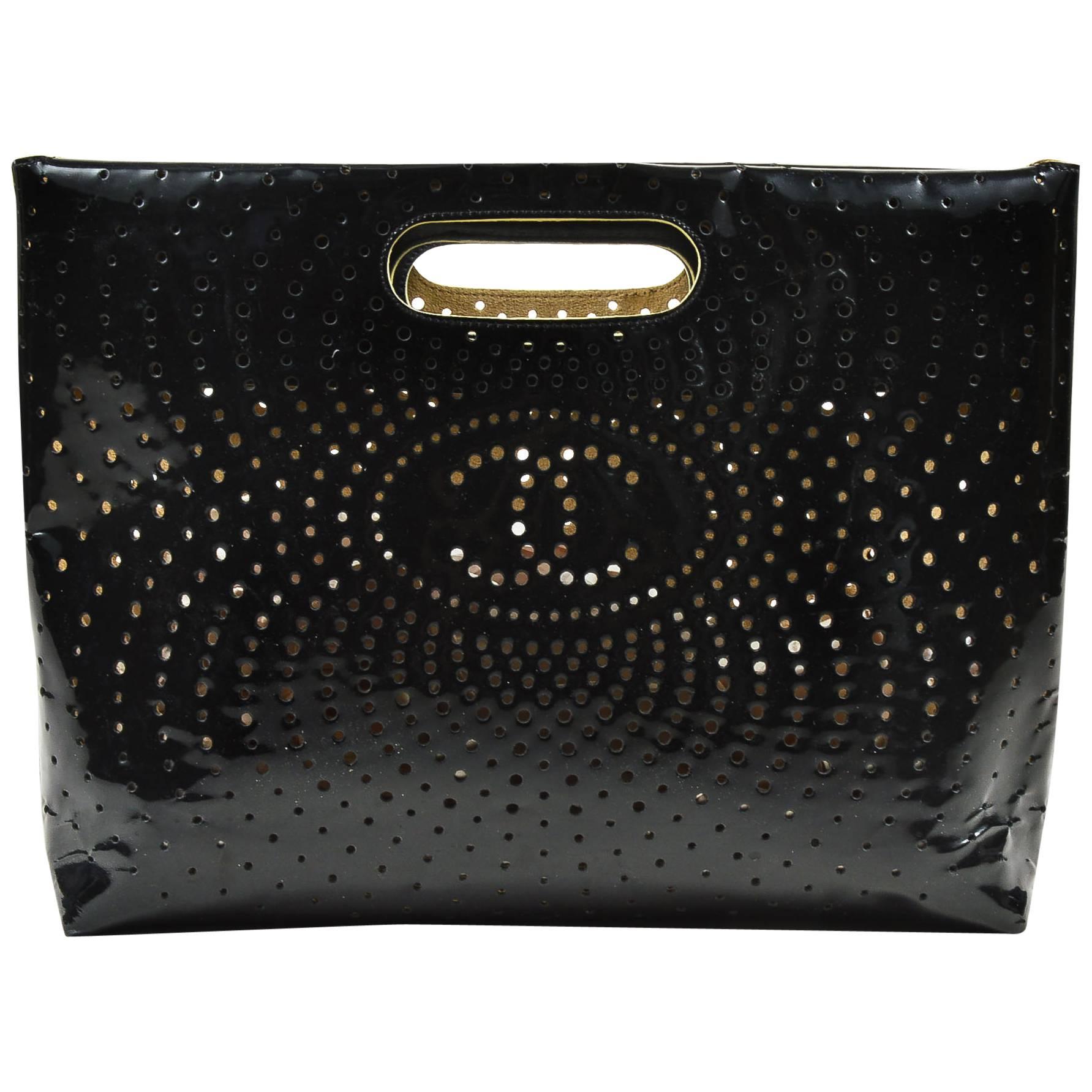 Chanel Black Perforated Patent Leather 'CC' Logo Clutch Handbag For Sale