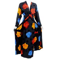 Vintage 1980s Adele Simpson Silk Roses and Black Dots Plunge Neck Evening Dress