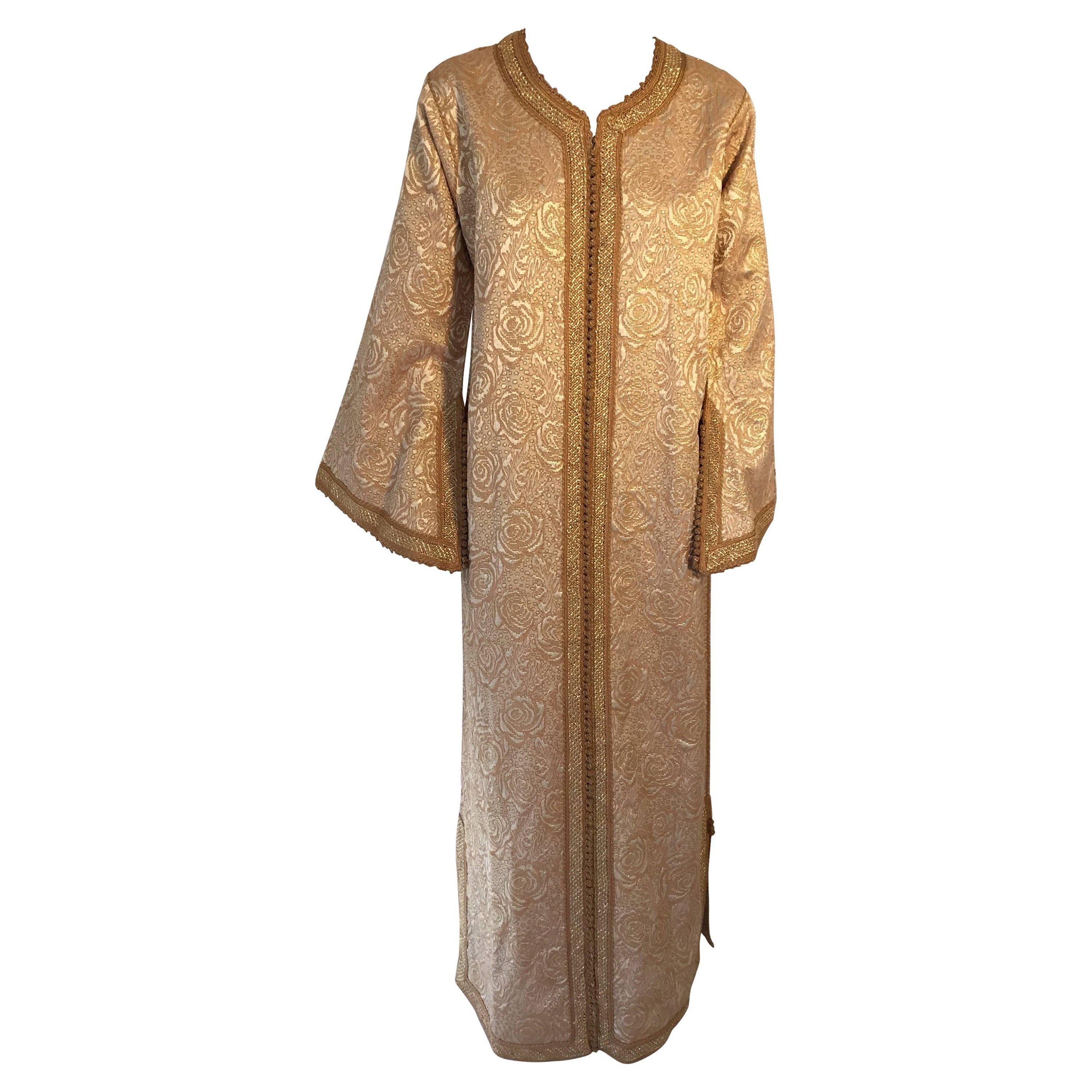 Moroccan Caftan in Gold Bronze Metallic Brocade, Maxi Gown Dress Kaftan For Sale