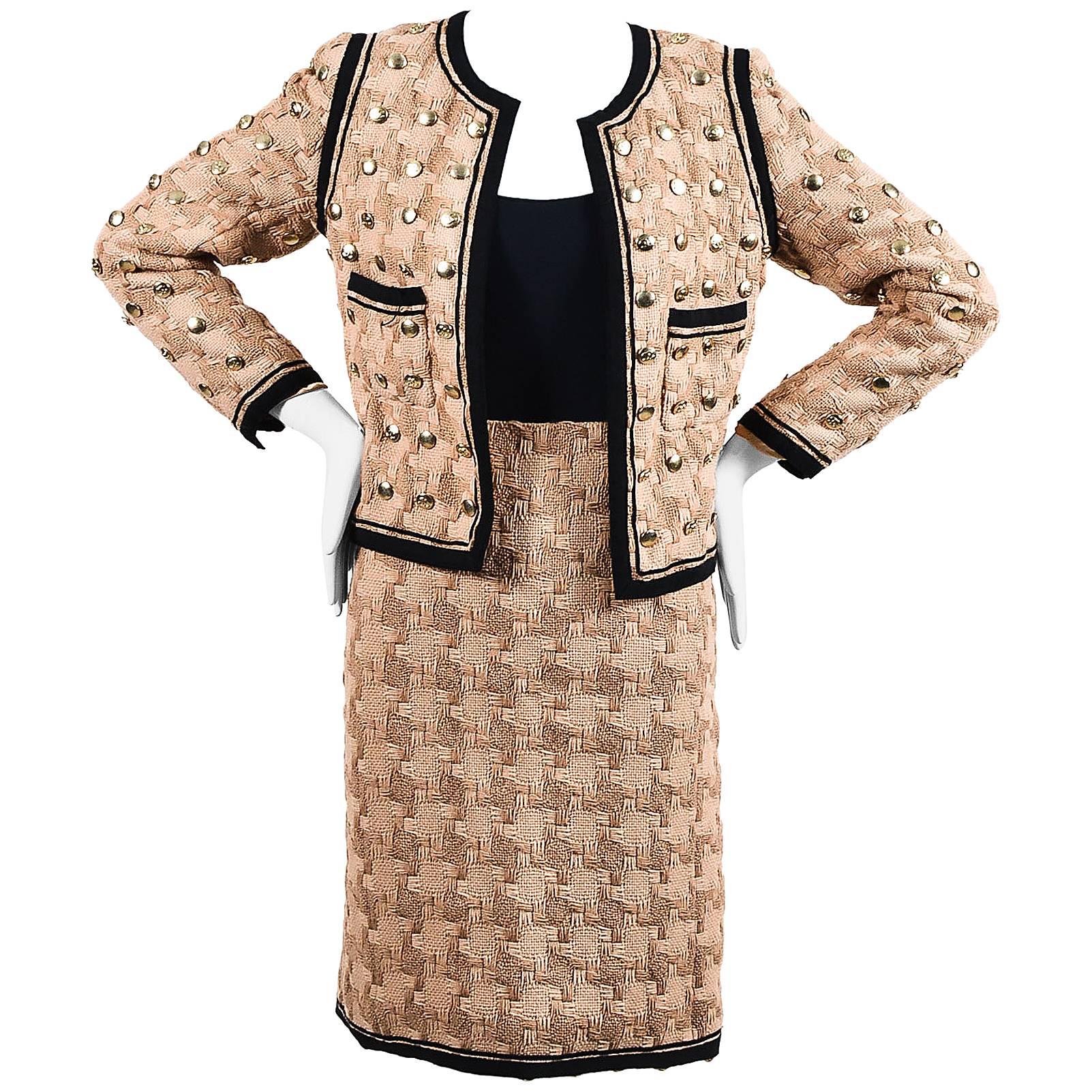 Rare Chanel FW 2008 Tan Black Woven Button Embellished Jacket Skirt Suit SZ 2  For Sale