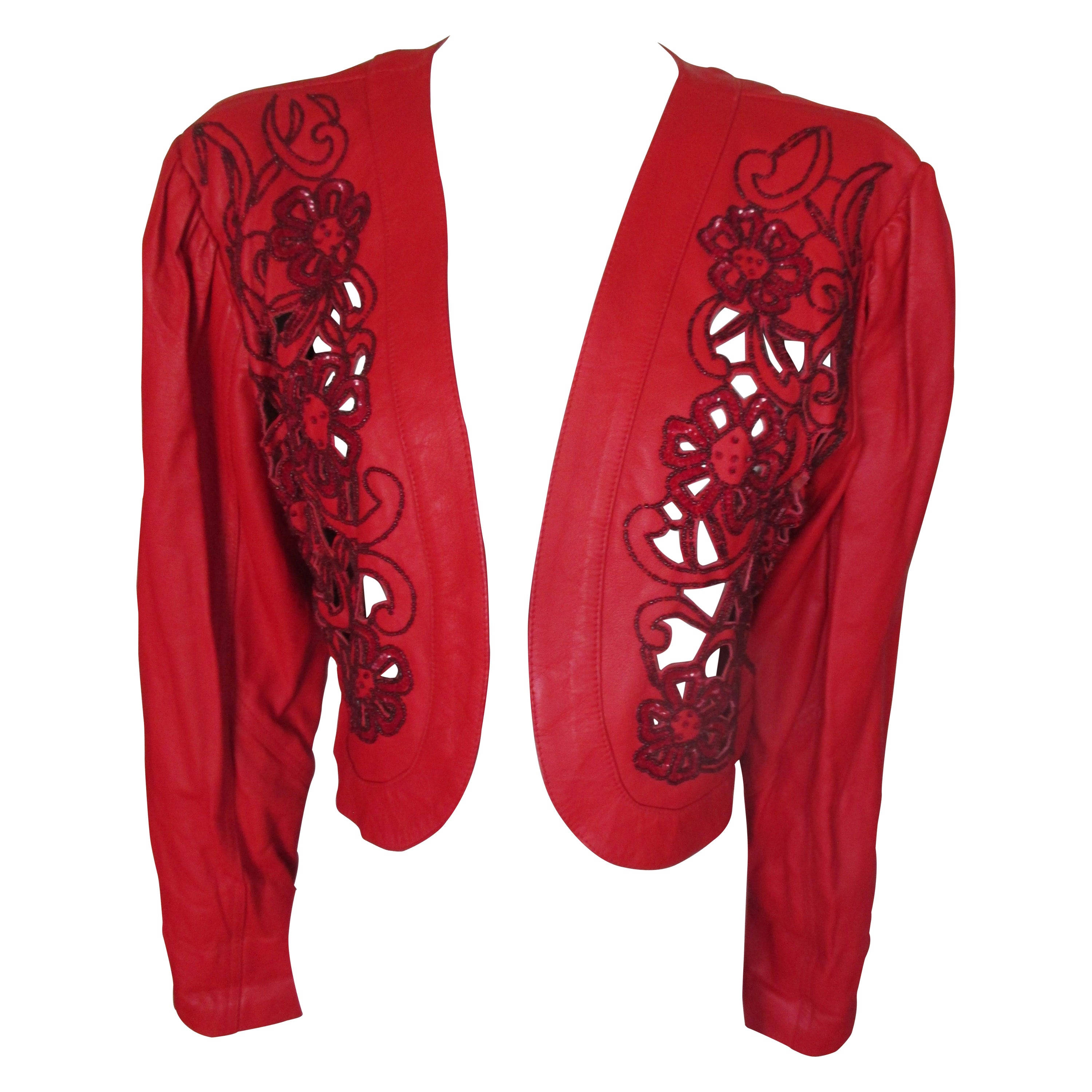 Embroidered Beaded Red Leather Bolero Jacket For Sale