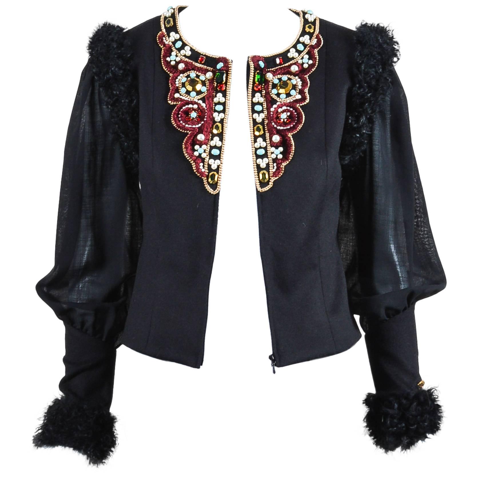 ﻿Chanel 09A Black Multi Cashmere Lamb Fur Trim Bead Embellished LS Jacket SZ 38 For Sale