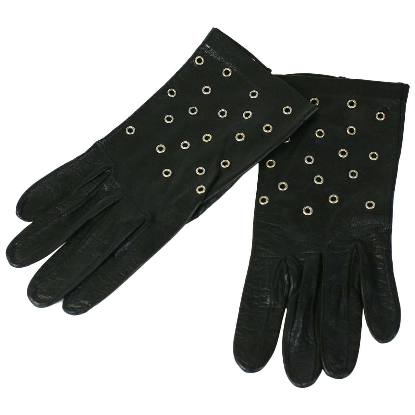 Grommet Trimmed Black Leather Gloves For Sale