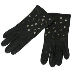 Grommet Trimmed Black Leather Gloves
