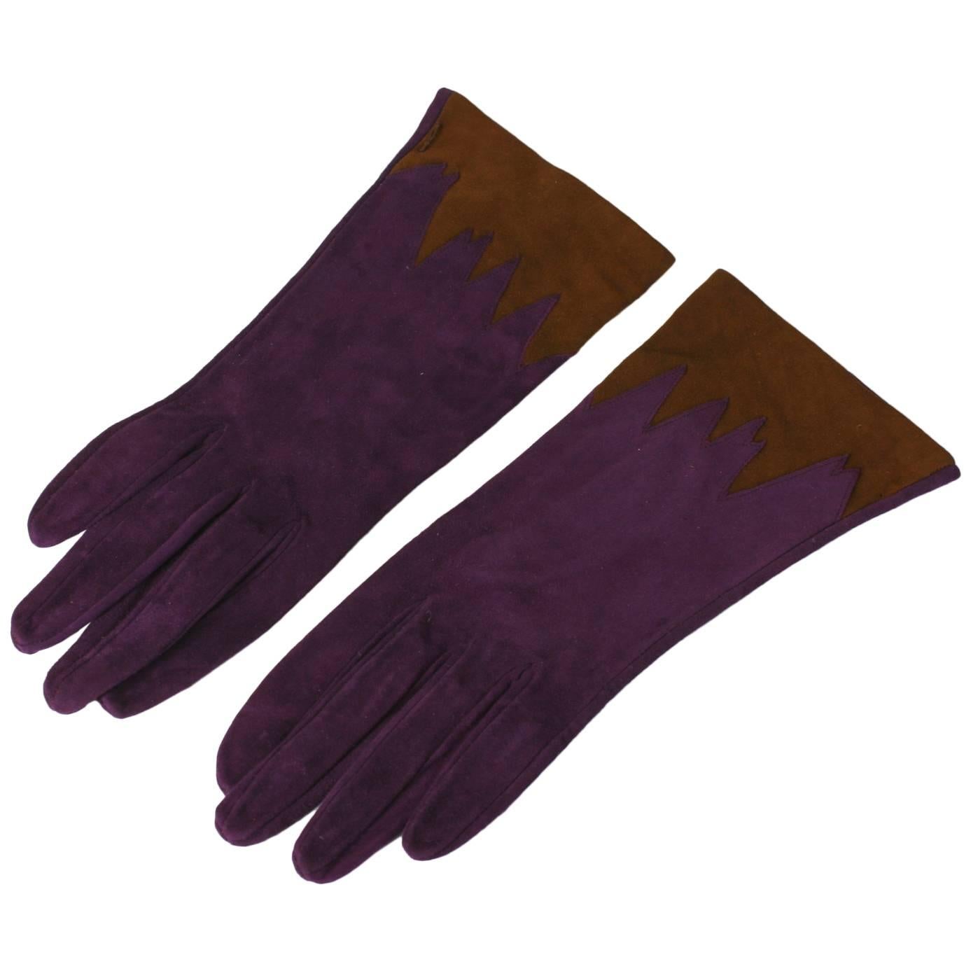 Violet Suede Gloves with Brown Cuffs