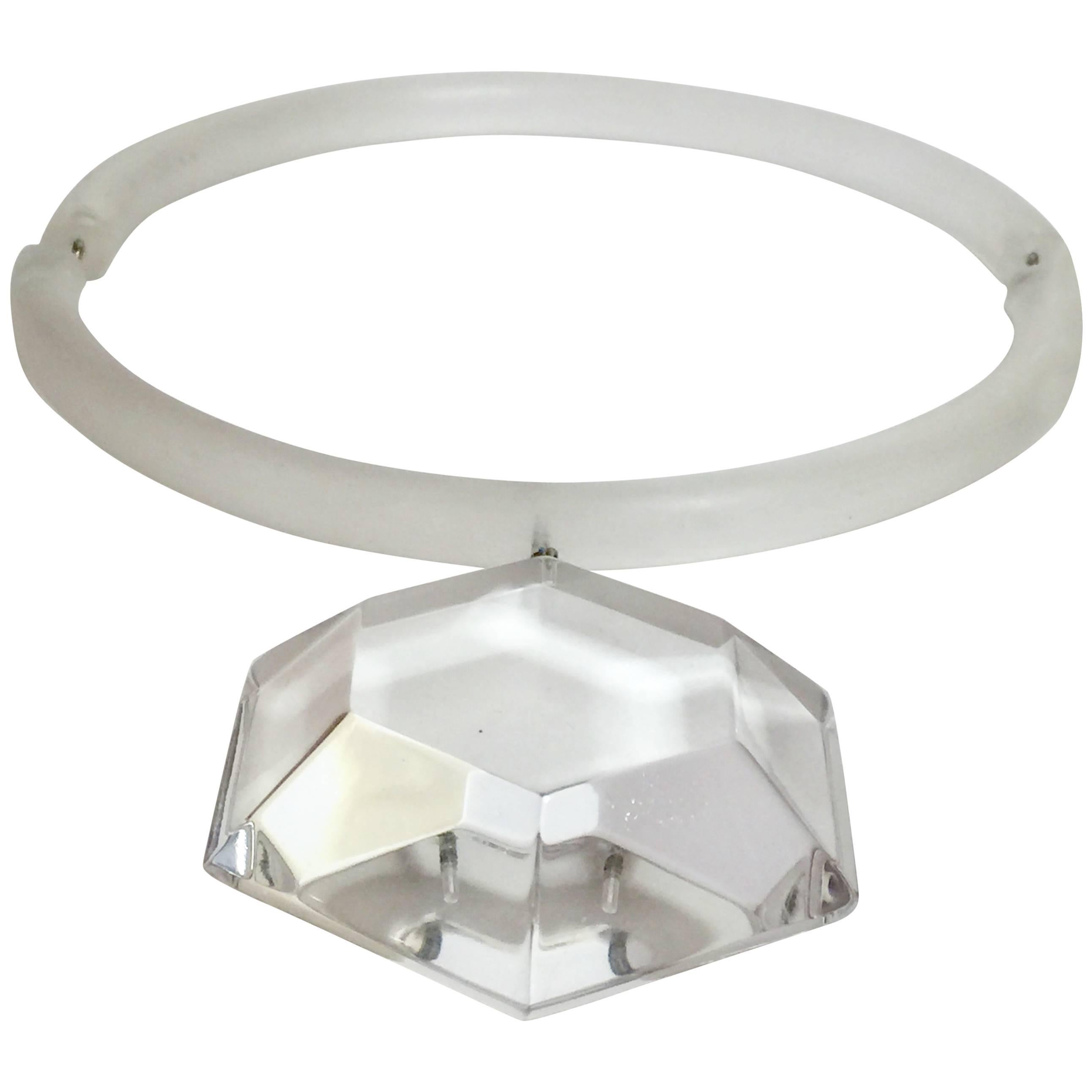 Late 1970s Judith Hendler Acri-Gems Clear/Frosted Acrylic Neck Ring and Pendant For Sale