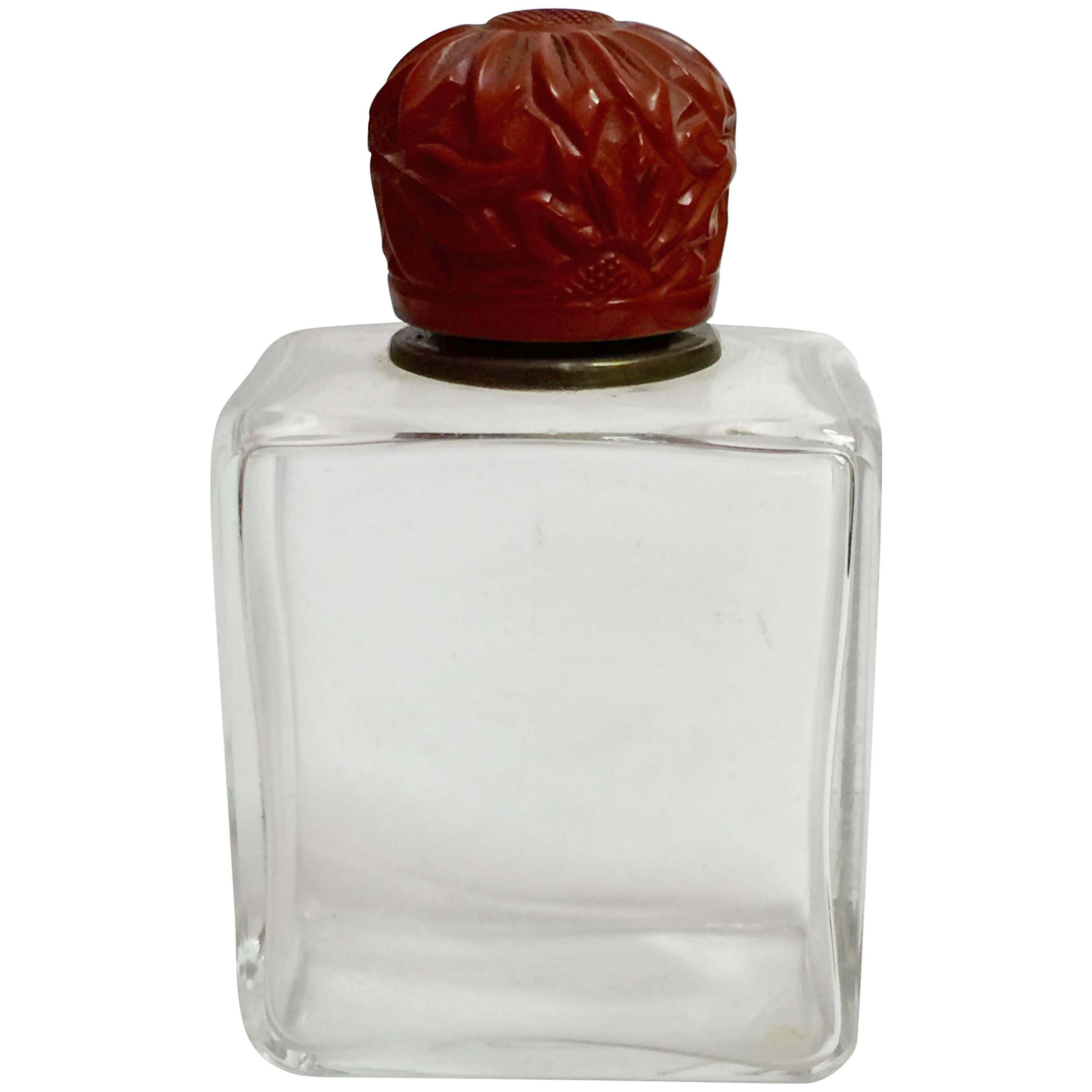 1930s Heaviily Carved Bakelite Threaded Cap Glass Decorative Perfume Bottle For Sale