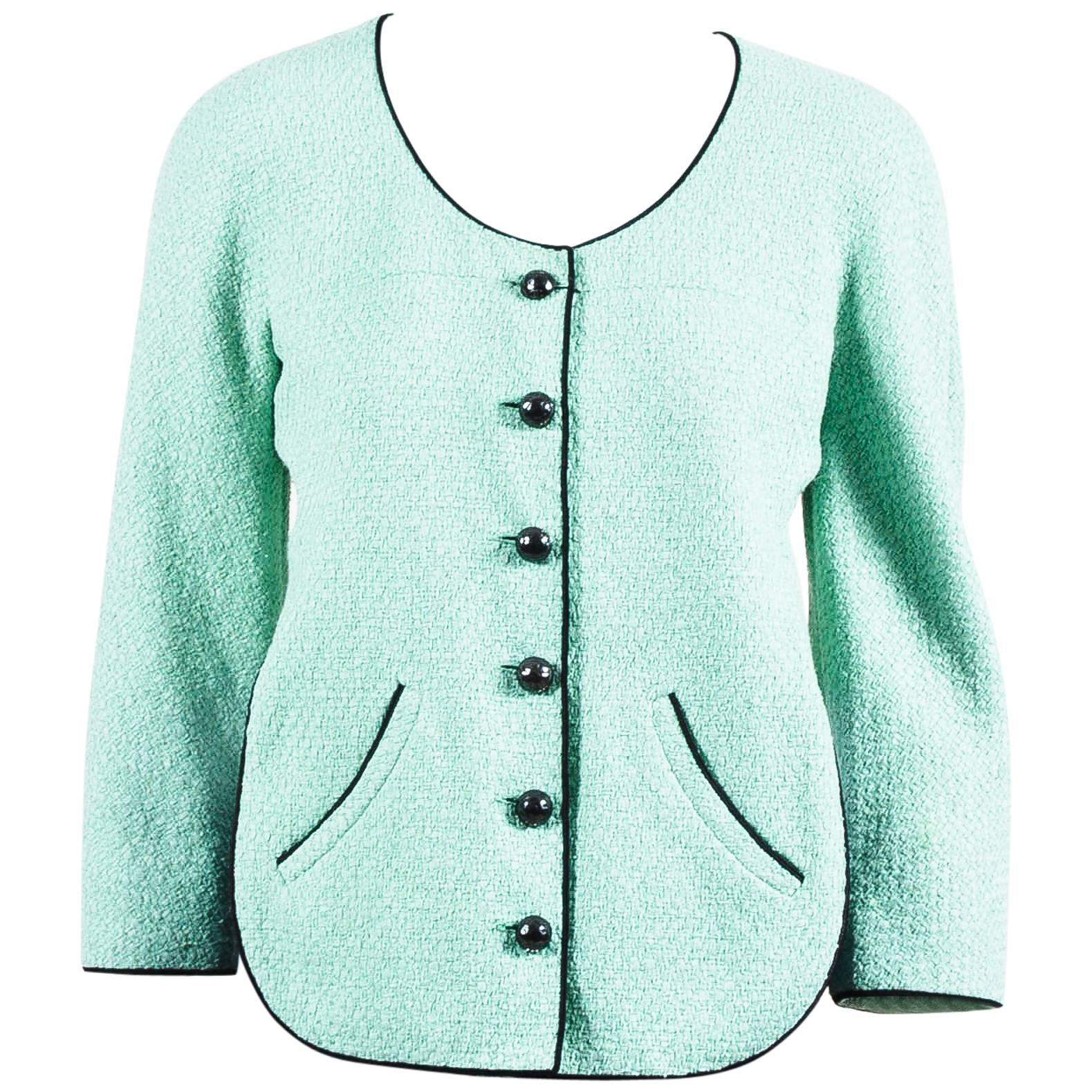 Chanel 12P Runway Mint Green Black Contrast Woven Knit Cropped Jacket SZ 38 For Sale