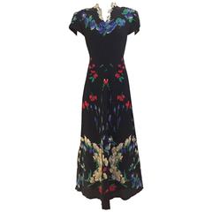 1930s black silk floral print gown