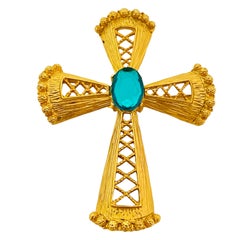 Vintage huge gold emerald rhinestone cross designer runway brooch