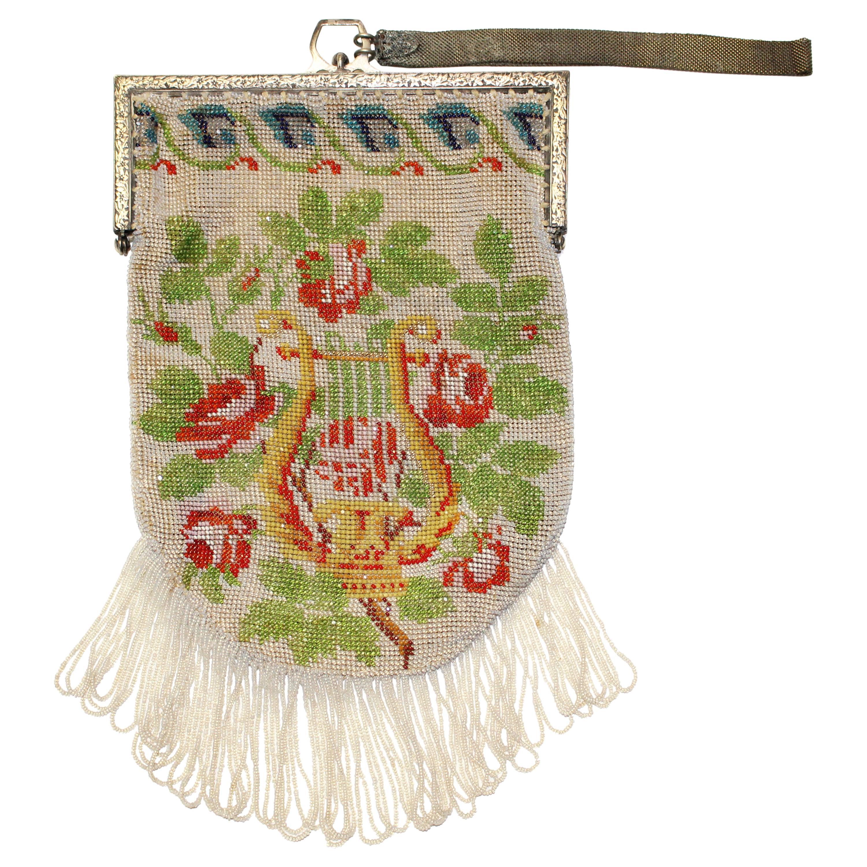 1920's Beaded Floral Wristlet Bag w/ Fringe For Sale