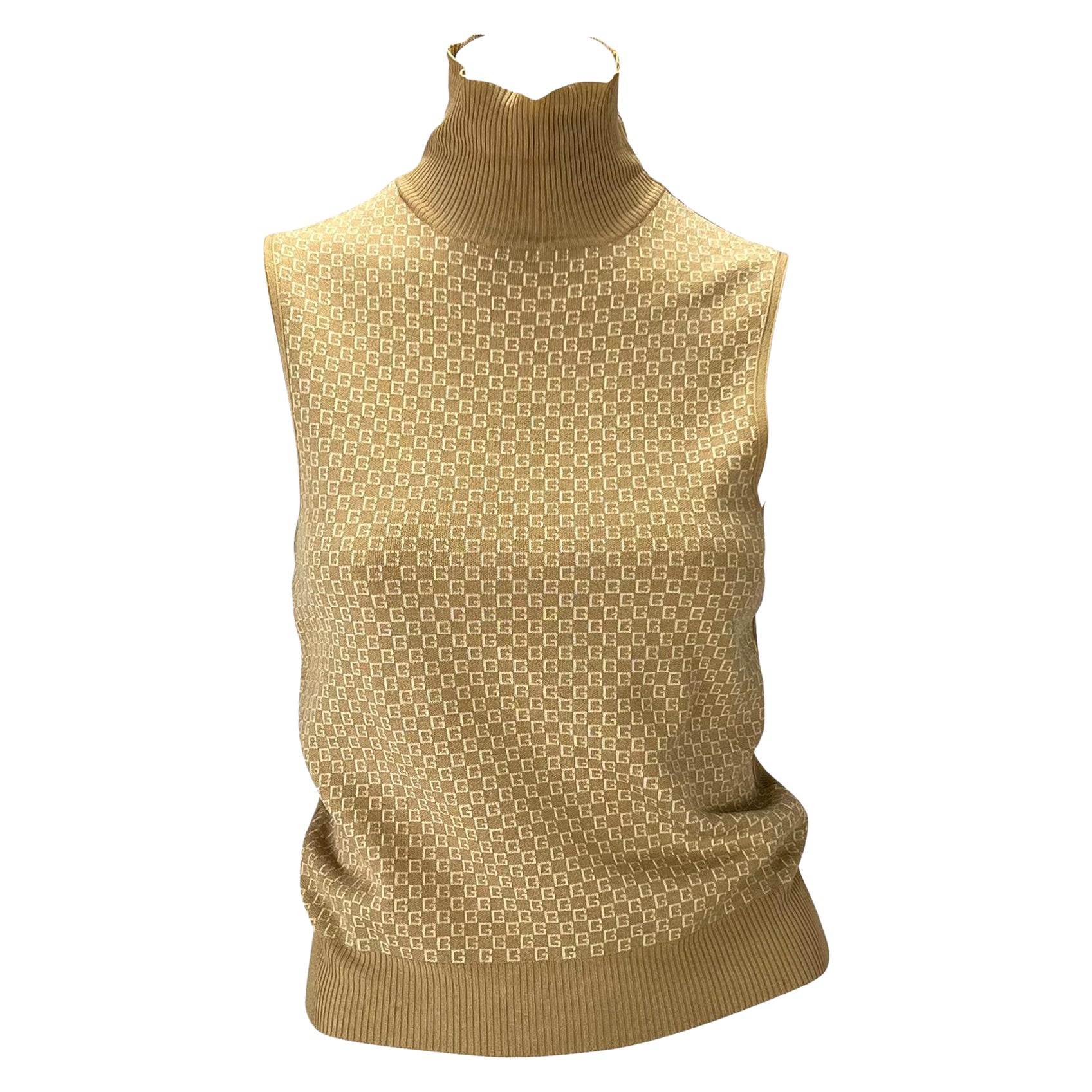 F/W 2000 Gucci by Tom Ford GG Pullover-Top aus Stretch-Seidenmischung in Beige mit Rundhalsausschnitt und Beige im Angebot