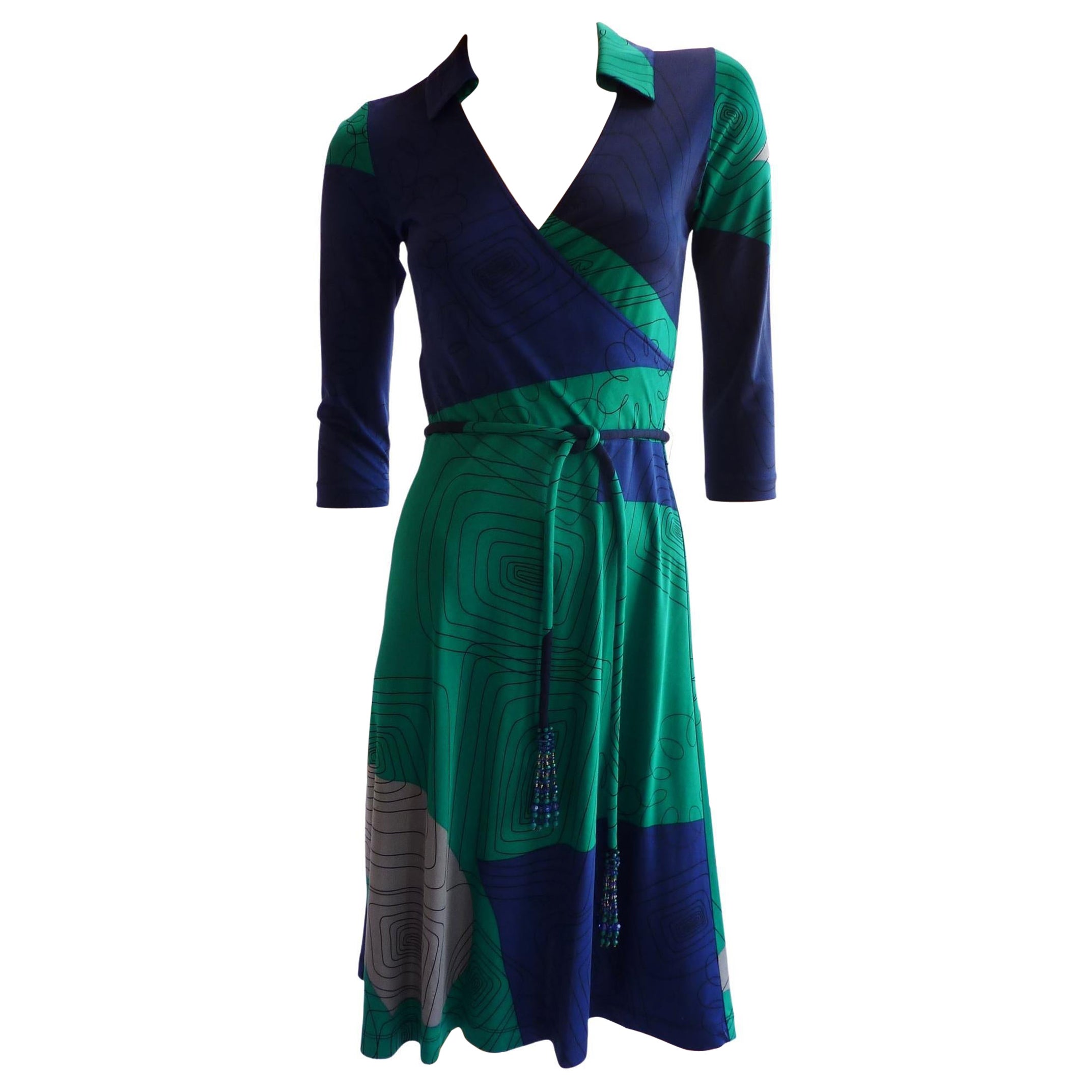 Blue Green Mock Wrap Flora Kung Silk dress + detachable cord belt NWT  In New Condition For Sale In Boston, MA