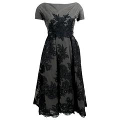 Vintage 1950s Mort Mogel Black Lace & Charcoal Grey Net Full Skirt Cocktail /Party Dress