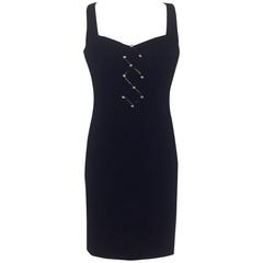 William Travilla 1980s Navy Cut Out and Rhinestone Detail Pencil Cocktail Dress