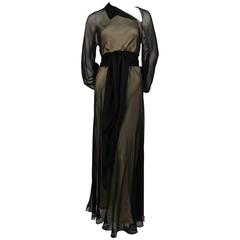 1970's HALSTON navy silk chiffon asymmetrical gown with sash 5