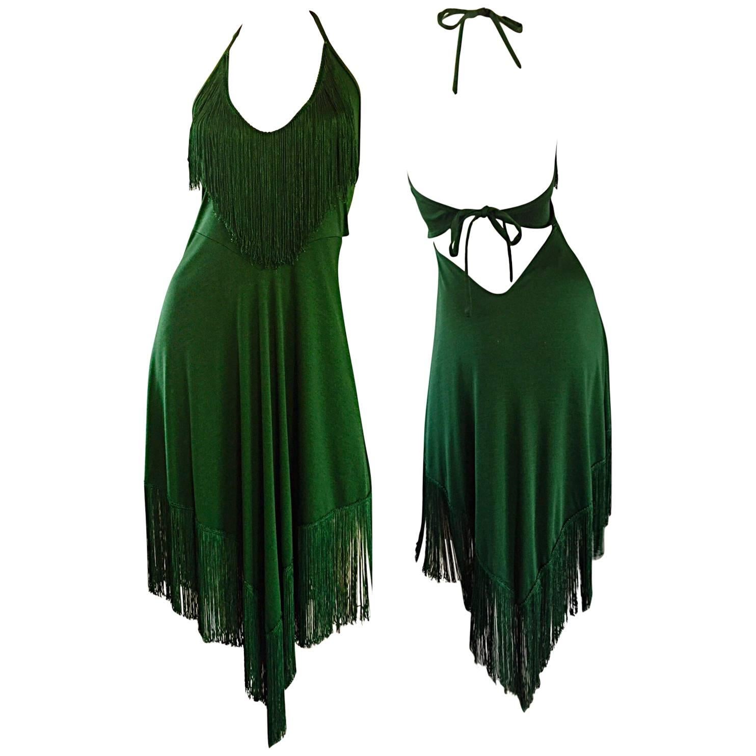 Spectacular 1970s David Howard Forest Green Fringed Handkerchief Vintage Dress