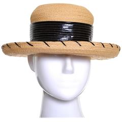 Schiaparelli 1960s Vintage Hat Straw Black Vinyl Laces 