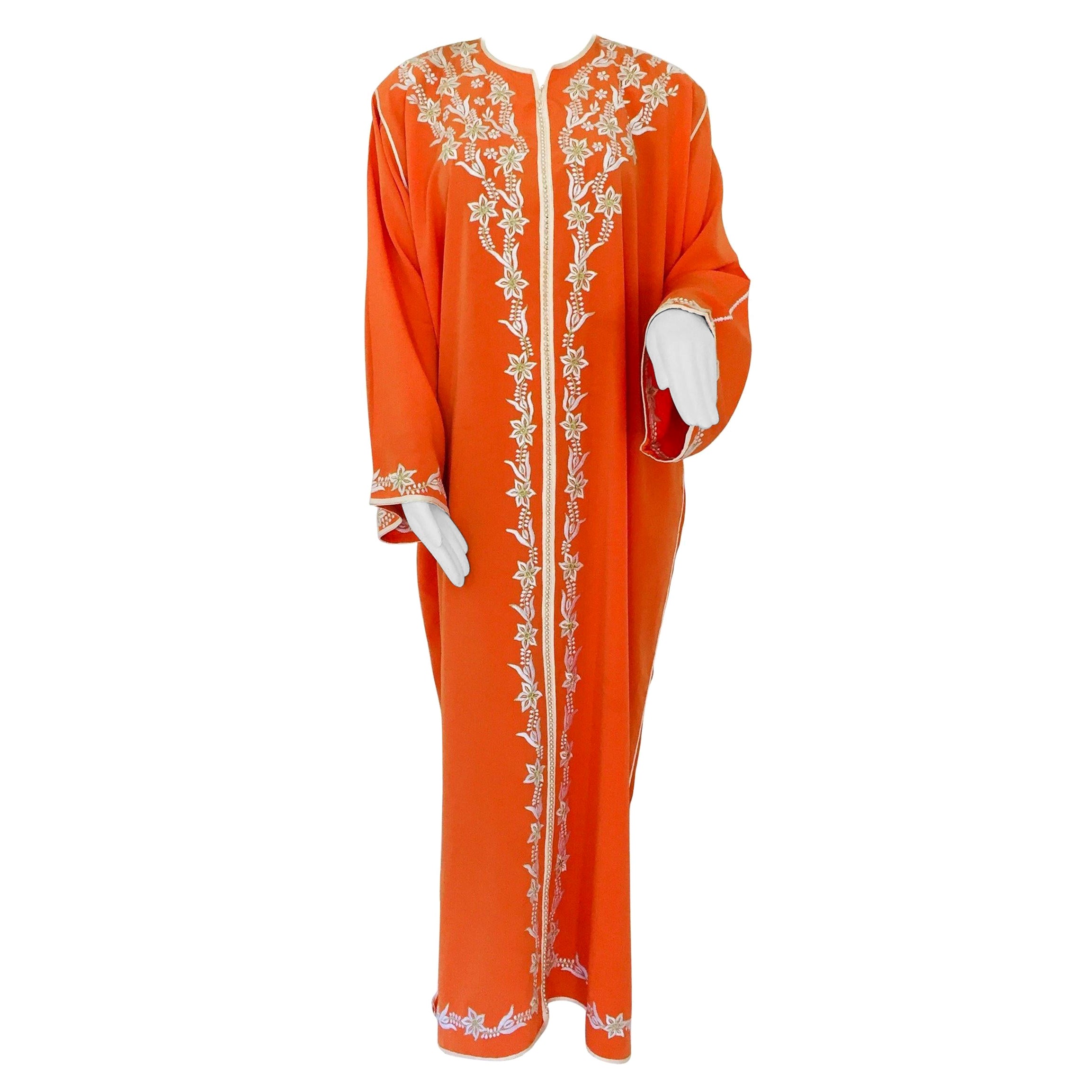 Moroccan Orange Kaftan Maxi Dress Caftan For Sale
