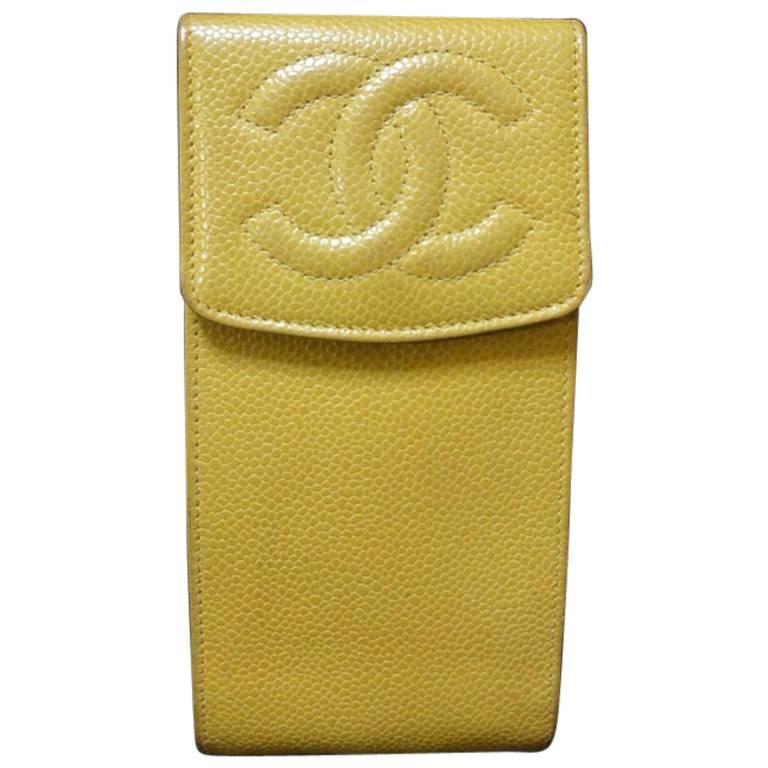 Vintage CHANEL yellow caviar phone case, sunglass, cigarettes, pen pouch case.  For Sale