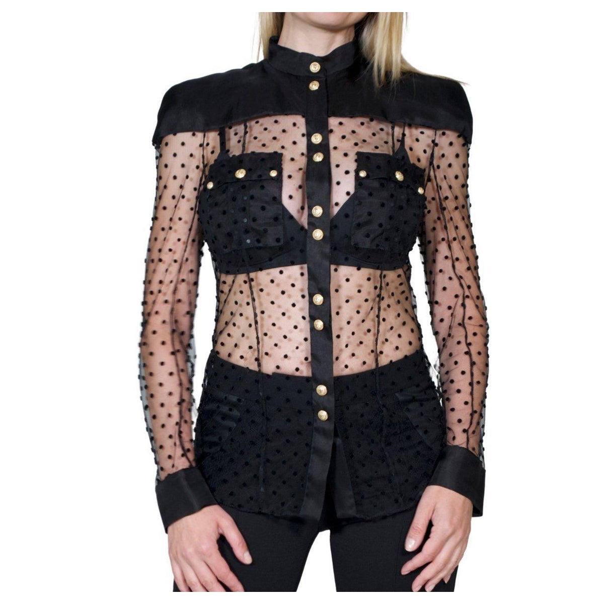 Balmain Langärmeliges schwarzes gepunktetes Seidenhemd FR40 im Angebot