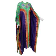 Vintage 1970's Pauline Trigere Colorful Tie-Dye Print Silk Bohemian Resort Dress Caftan