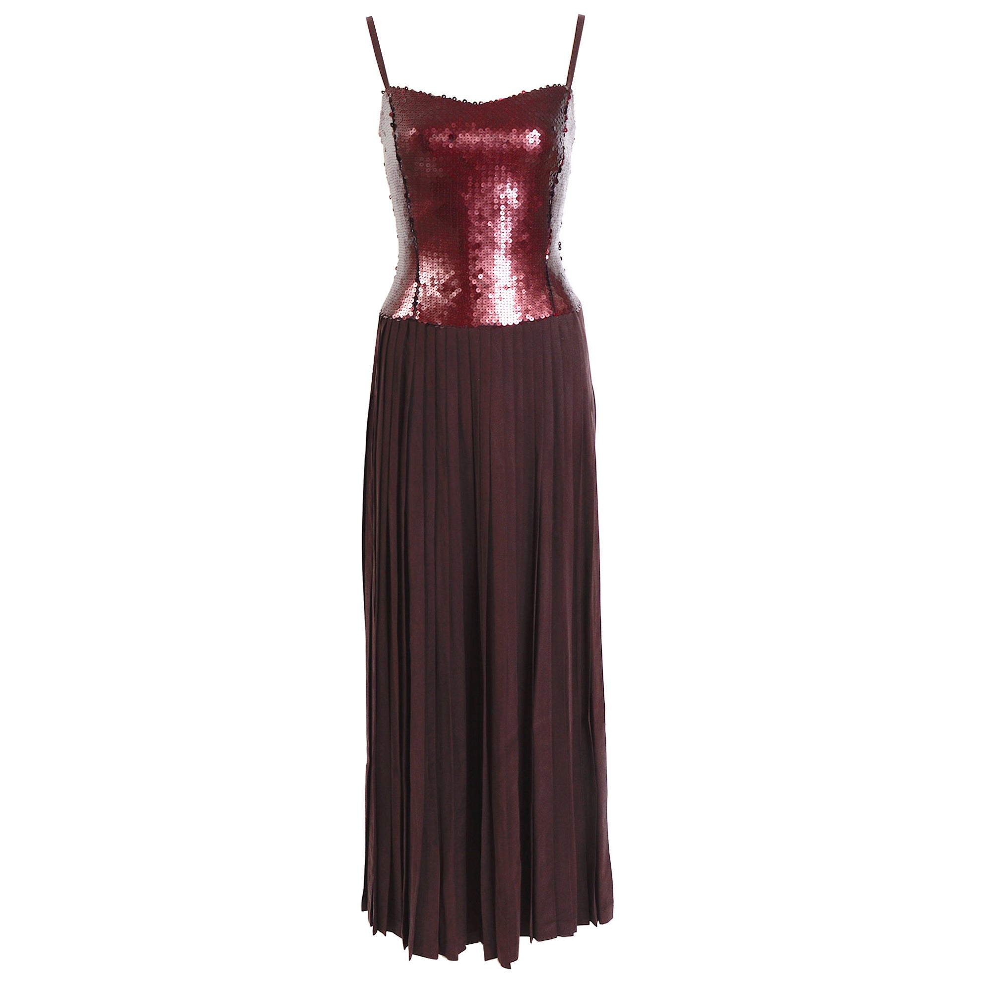 Lanvin vintage 1990s deep burgundy brown silk pleated and sequin strap dress