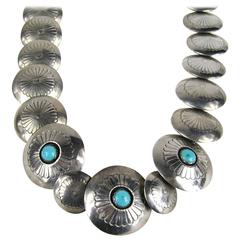 Navajo Sterling Silver Disc Turquoise - Coral Necklace 4