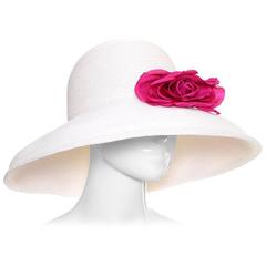 1990s Vintage Eric Javits Hat White Wide Brim Woven Straw Pink Flowers As New
