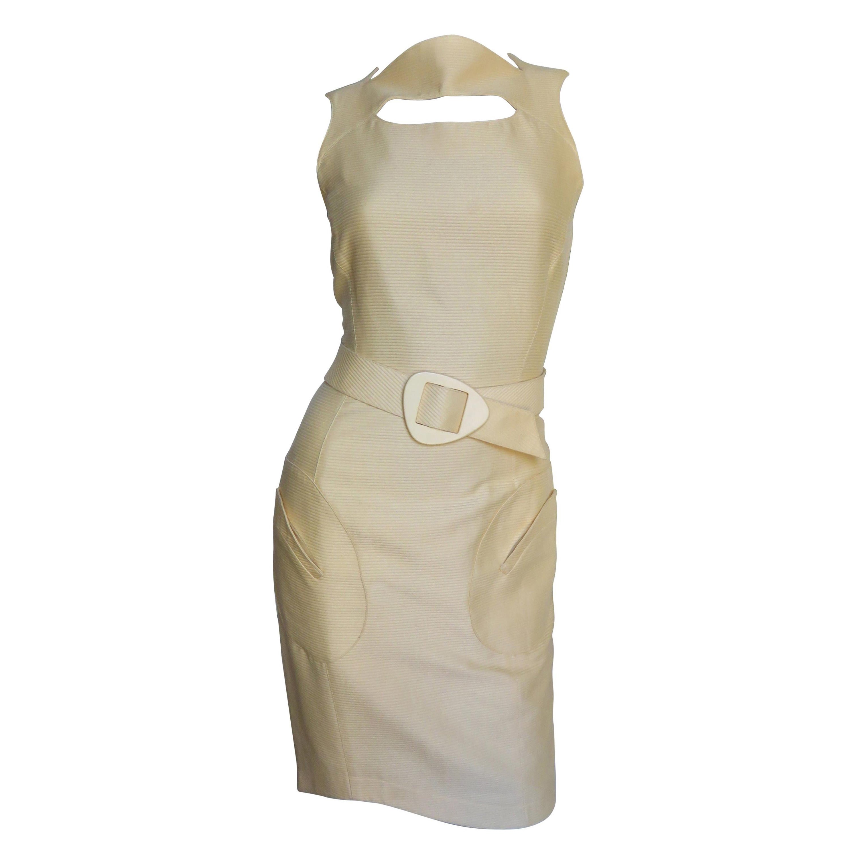 Thierry Mugler Silk Cut out Dress with Belt For Sale
