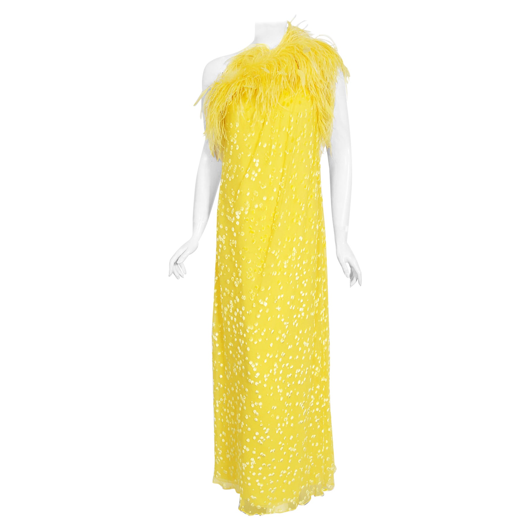 Vintage 1970s Mollie Parnis Bright Yellow Flocked Silk One-Shoulder Feather Gown