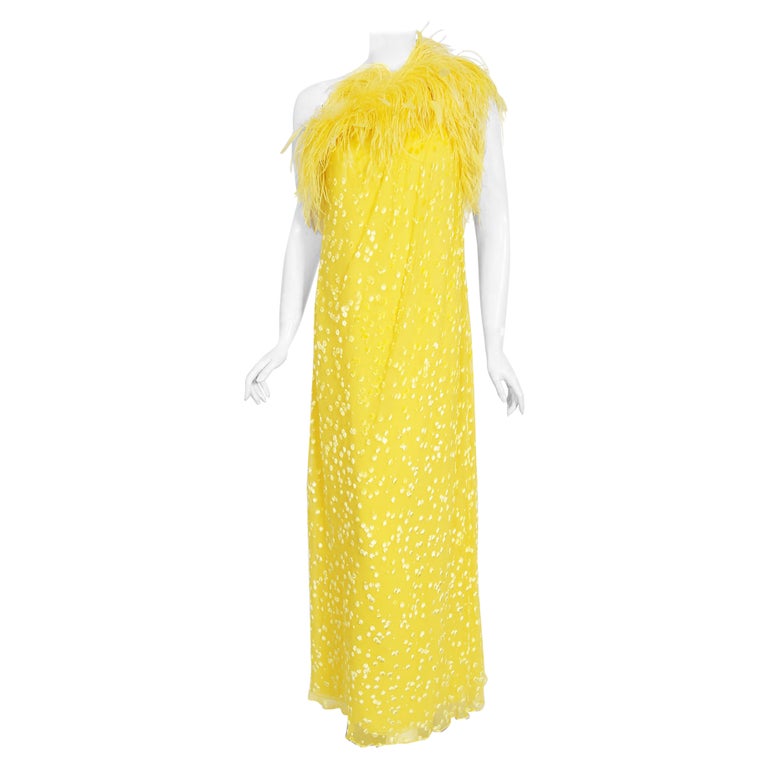 Vintage 1970s Mollie Parnis Bright Yellow Flocked Silk One-Shoulder Feather Gown For Sale