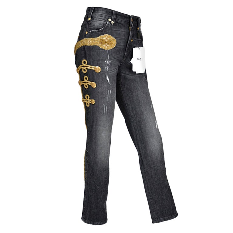 VINTAGE DOLCE and GABBANA D&G BEADED and EMBROIDERED MILITARY JEANS For  Sale at 1stDibs