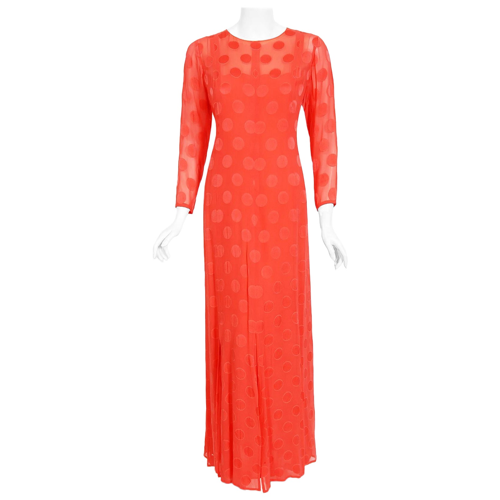 Vintage 1973 Givenchy Haute Couture Orange Dotted Silk Carwash-Hem Caftan Gown