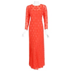 Retro 1973 Givenchy Haute Couture Orange Dotted Silk Carwash-Hem Caftan Gown