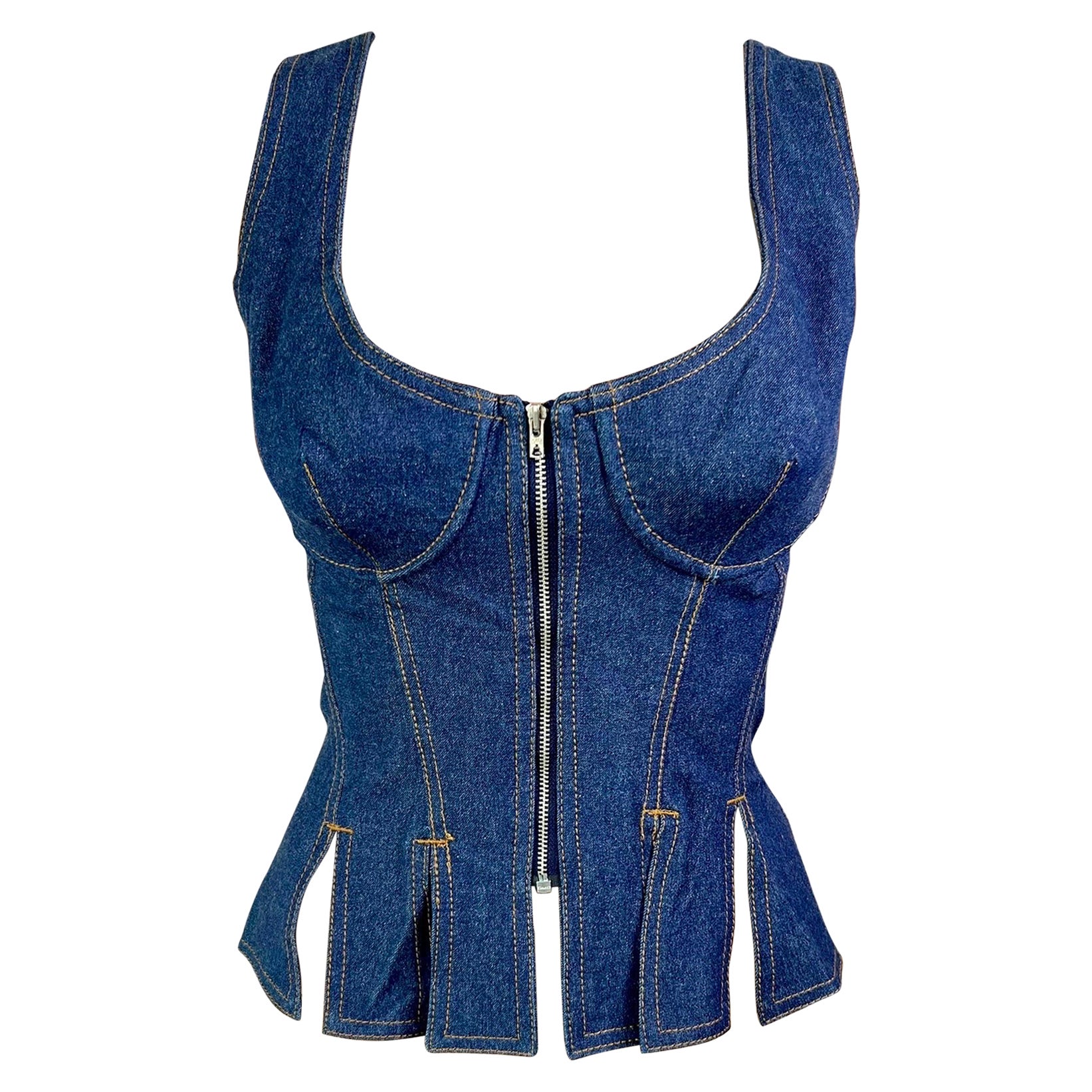 Jean Paul Gaultier S/S 1993 Vintage Denim Bra Bustier Corset Lace Up Zipper Top