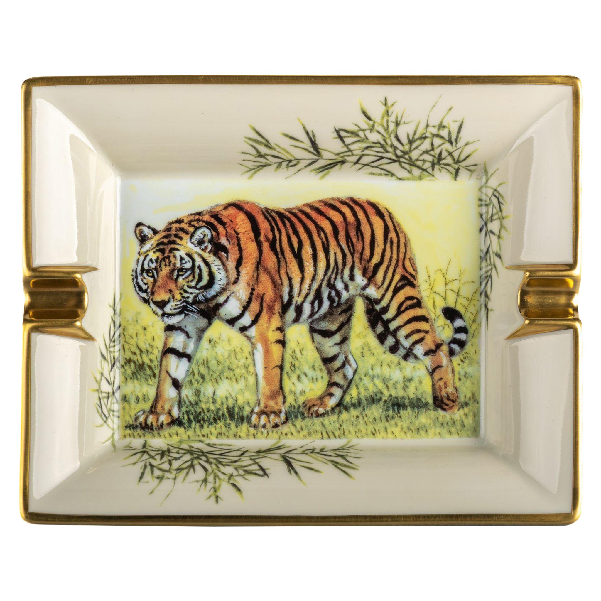 Hermes Tigre en Miroir Ashtray Limoges Porcelain Gold Edge