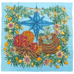 Hermes Silk Scarf" Passiflores" By Valerie Dumoulin TURQUISE BLUE