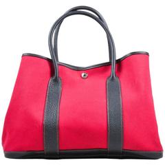 Hermes Red Black Canvas Negonda Leather "Garden Party GM" Tote Bag