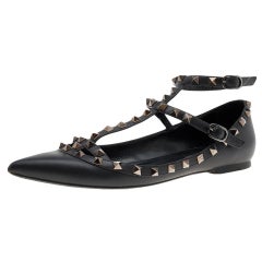 Valentino Black Leather Rockstud Ankle Strap Ballet Flats Size 39