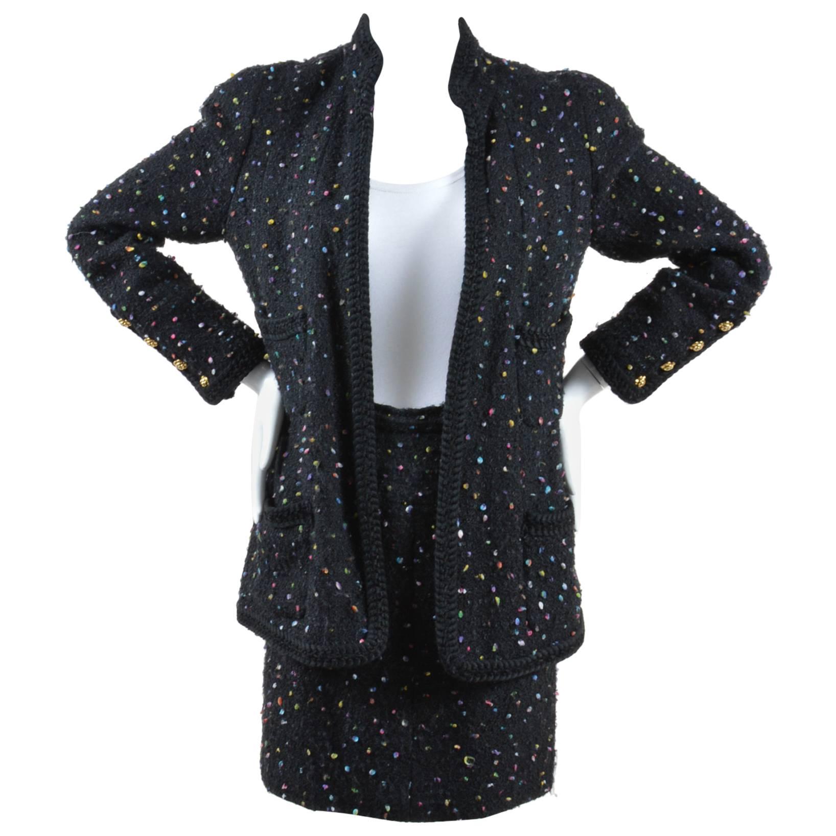 Chanel Black Multicolor Speckled Tweed Long Sleeve Jacket Pencil Skirt Suit Set For Sale