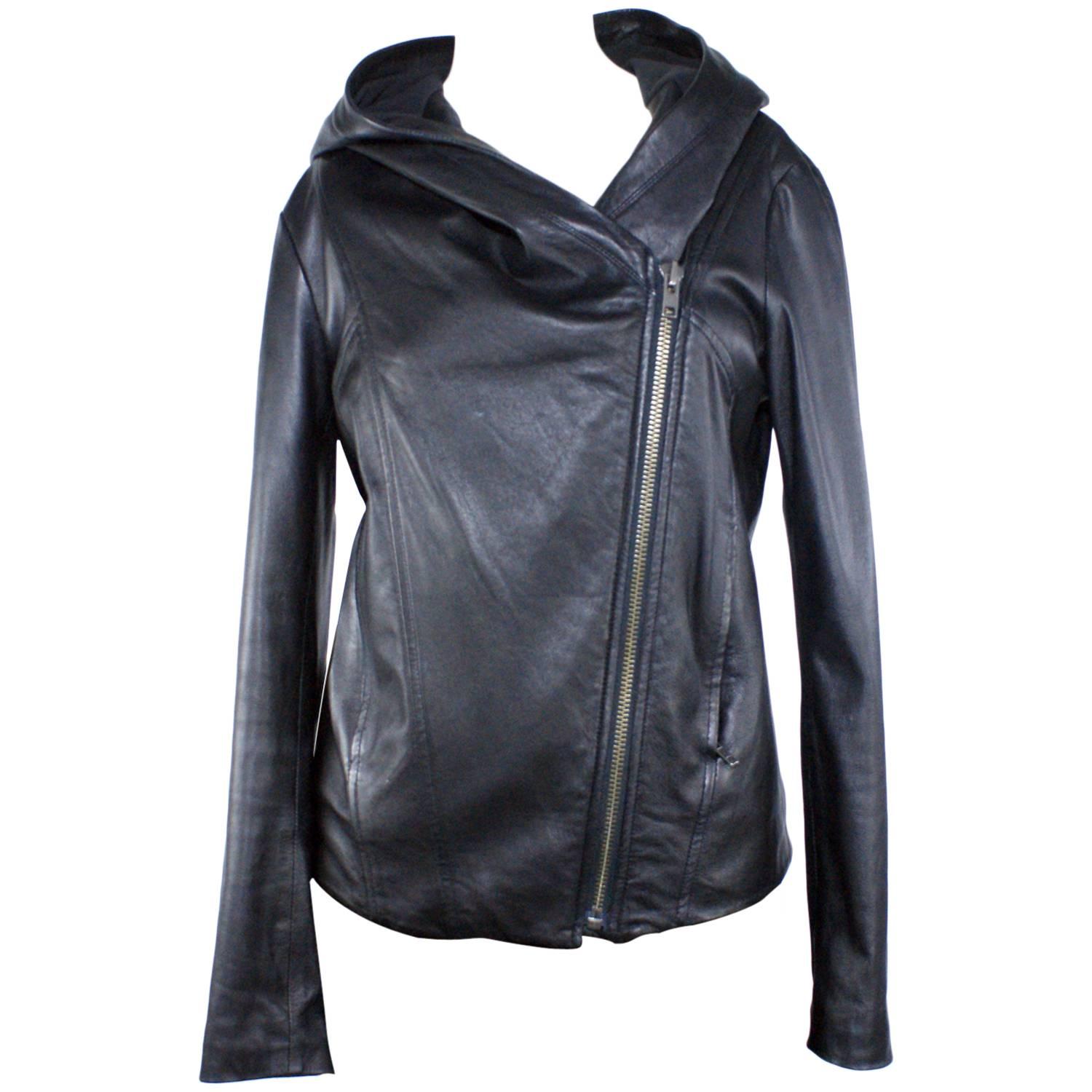 Helmut Lang Black Leather Hooded Jacket 