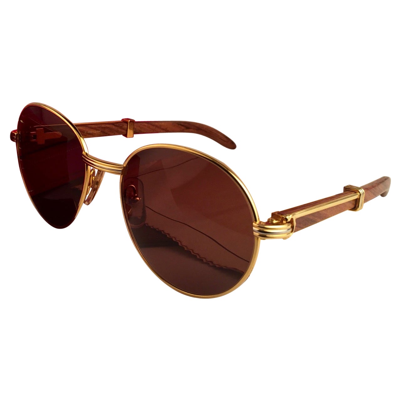 New Cartier Wood Bagatelle Round Gold & Precious Wood 55mm Brown Lens For Sale
