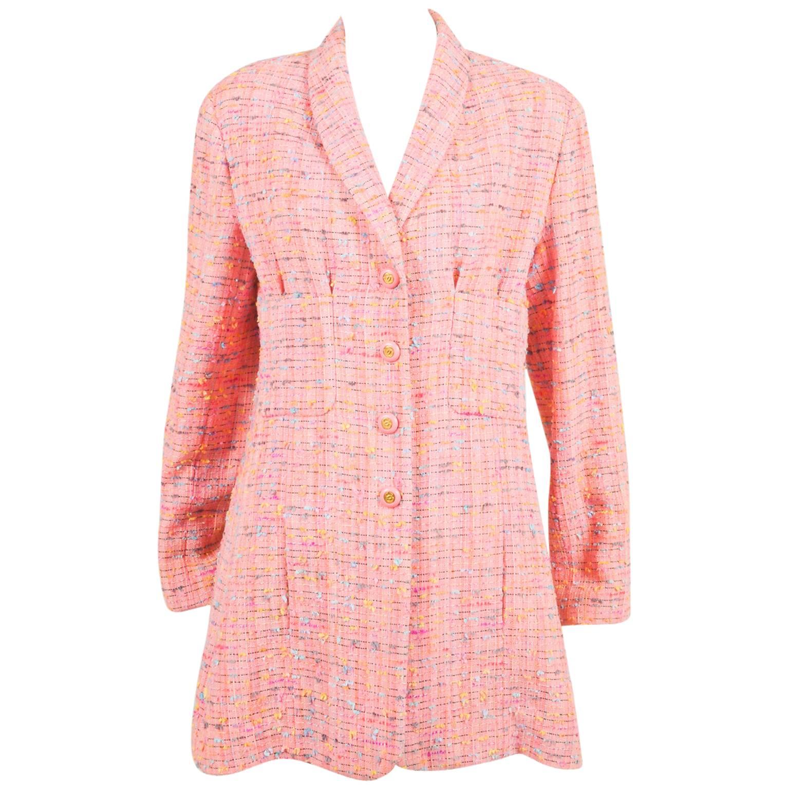 Vintage Chanel Boutique Pink Multicolor Longline Nubby Tweed LS Jacket SZ 42 For Sale