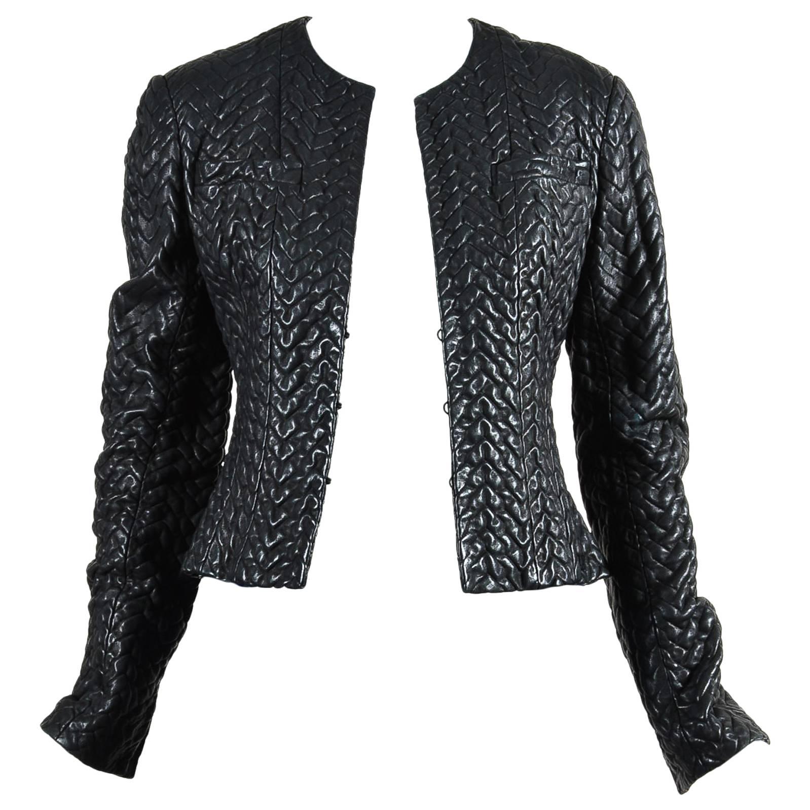 Chanel Black Textured Leather Long Sleeve Collarless Cropped Jacket SZ 38 For Sale