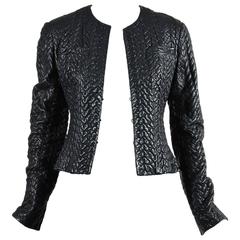 Chanel Black Textured Leather Long Sleeve Collarless Cropped Jacket SZ 38